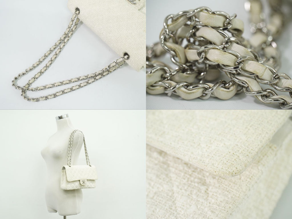 Chanel CC Logo Quilted 25 Double Flap Chain Shoulder Bag Tweed White — view 6