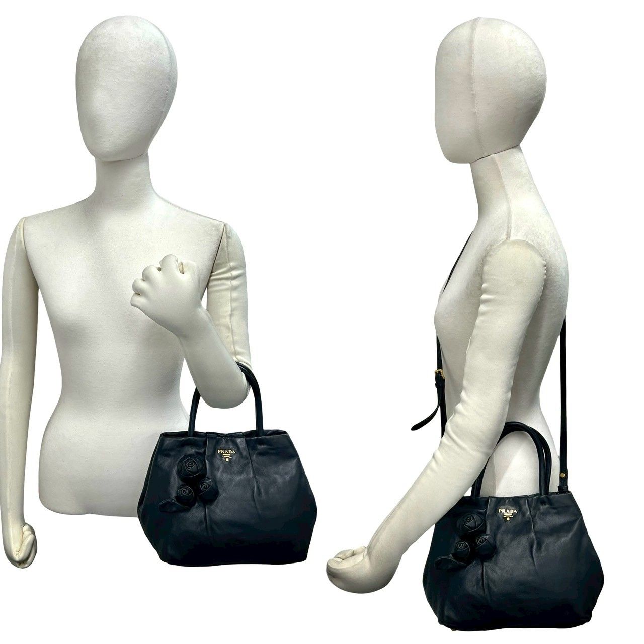 Prada Logo Rose Motif Leather 2-Way Mini Tote Shoulder Bag Black — view 2