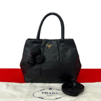 Prada Logo Rose Motif Leather 2-Way Mini Tote Shoulder Bag Black