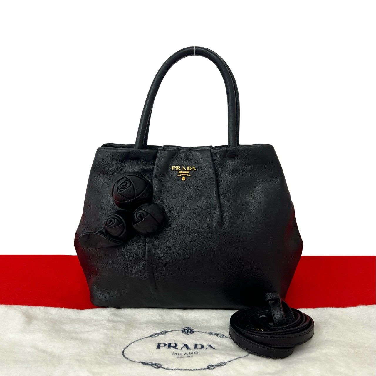 Prada Logo Rose Motif Leather 2-Way Mini Tote Shoulder Bag Black