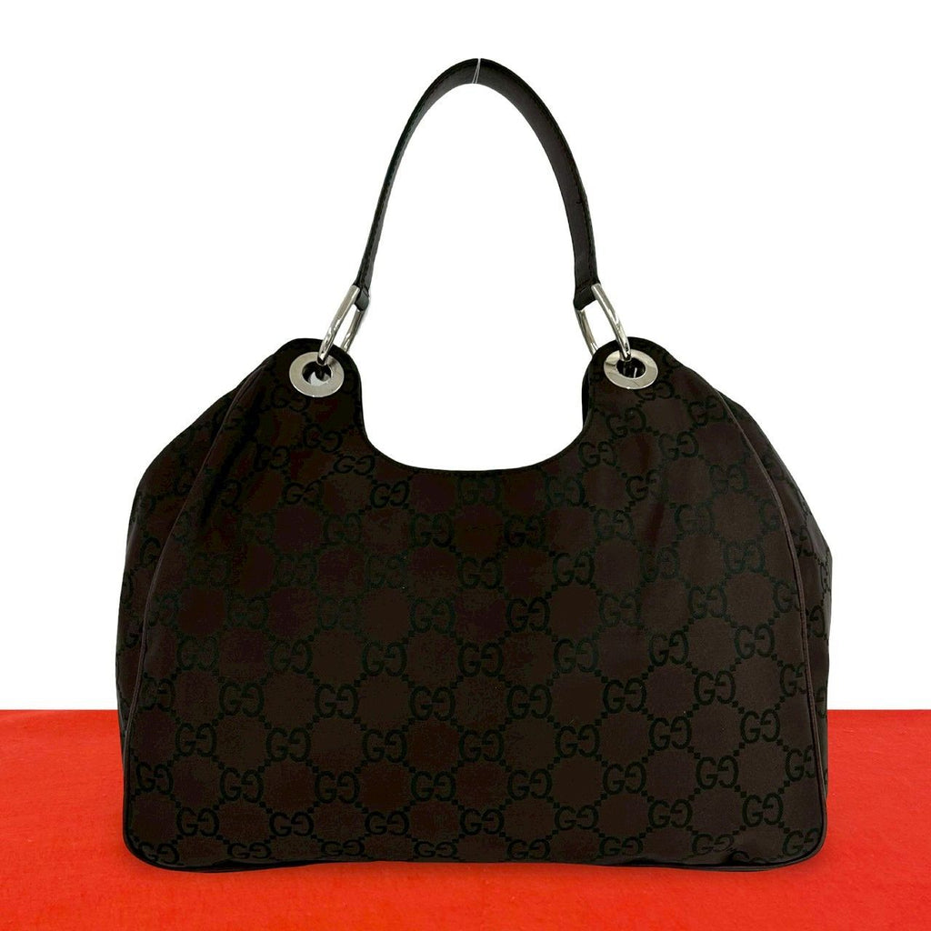 Gucci GG Pattern Canvas Leather Shoulder Bag Tote Brown
