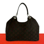 Gucci GG Pattern Canvas Leather Shoulder Bag Tote Brown