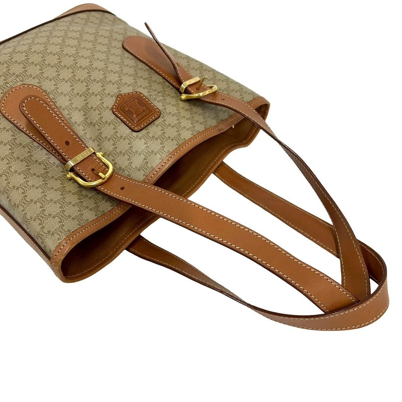 Celine Vintage Macadam Blason Logo Pattern Leather Tote Bag Beige Brown
