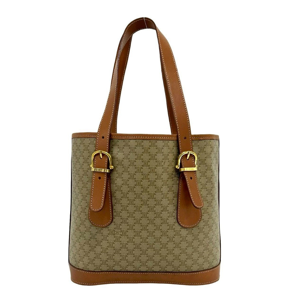 Celine Vintage Macadam Blason Logo Pattern Leather Tote Bag Beige Brown