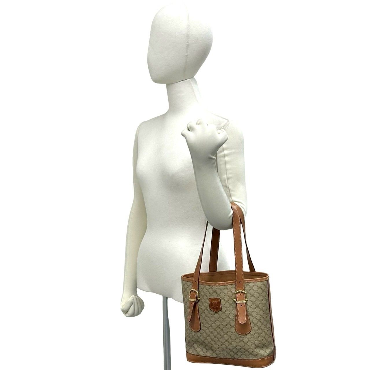 Celine Vintage Macadam Blason Logo Pattern Leather Tote Bag Beige Brown