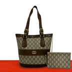 Gucci Vintage Plus Pattern Logo Leather Tote Brown