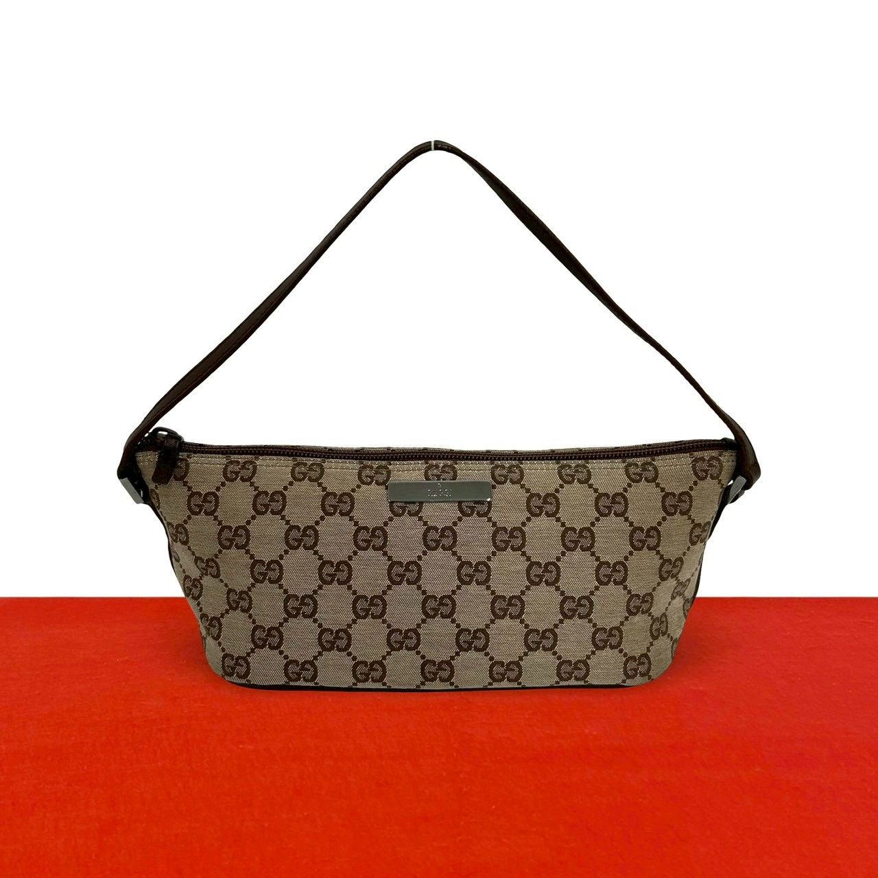 Gucci Logo GG All Over Pattern Canvas Leather Mini Handbag Pouch Brown Beige