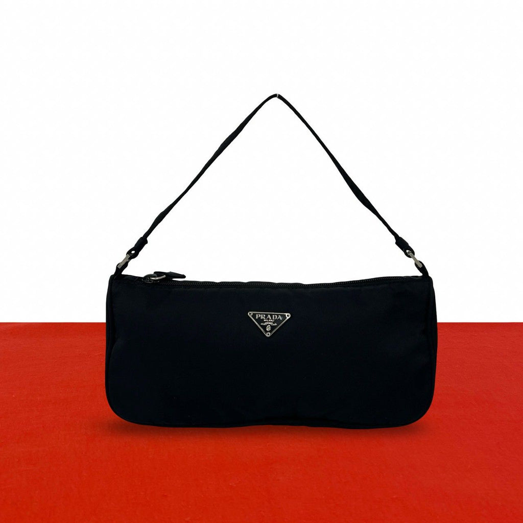 Prada Triangle Logo Plate Tessuto Nylon Mini Handbag Pouch Black