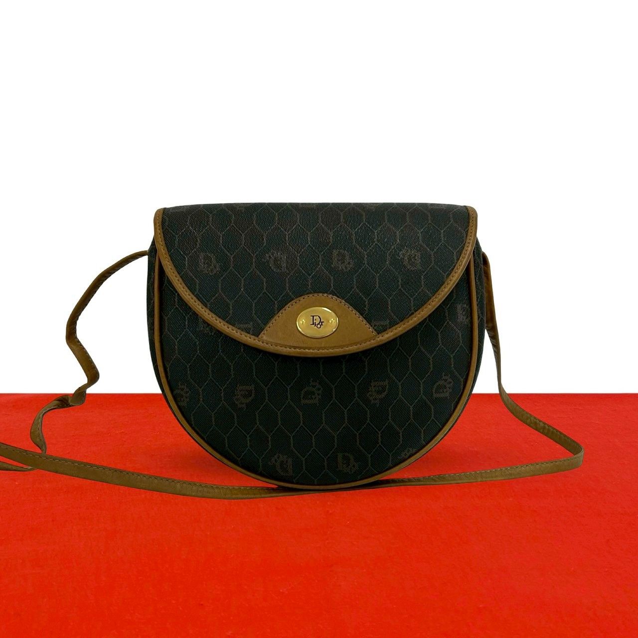 Dior Vintage Honeycomb Pattern Leather Shoulder Bag Pochette Crossbody Gray