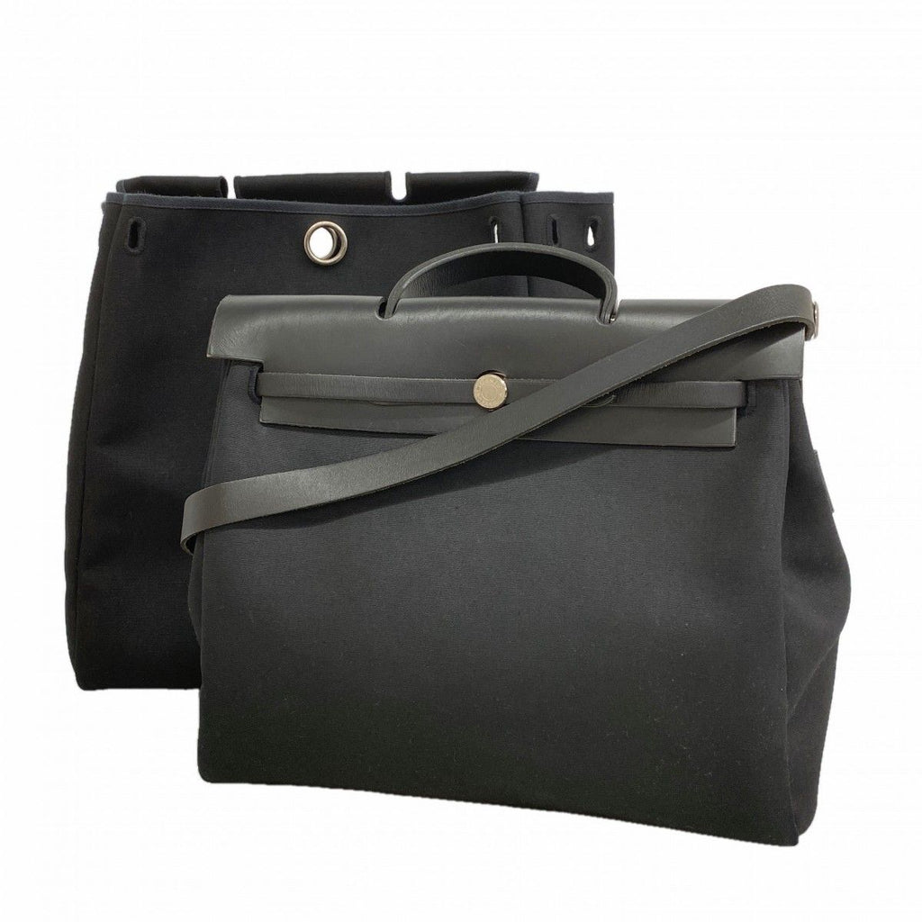 Hermes Handbag Herbag MM Toile Officier Black Silver 2-Way