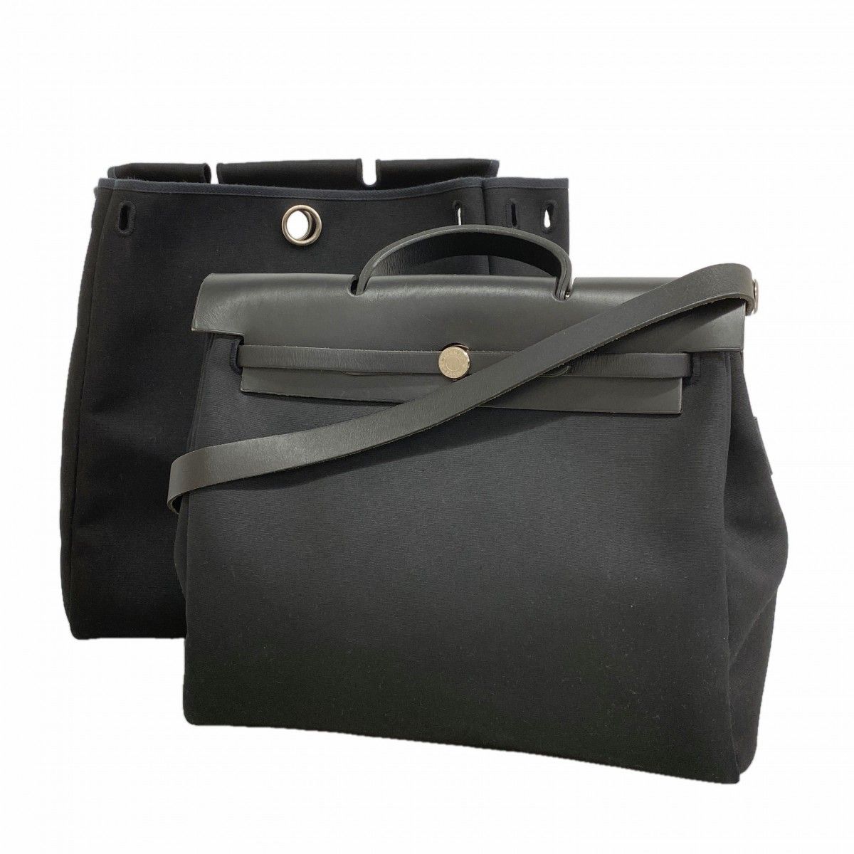 Hermes Handbag Herbag MM Toile Officier Black Silver 2-Way