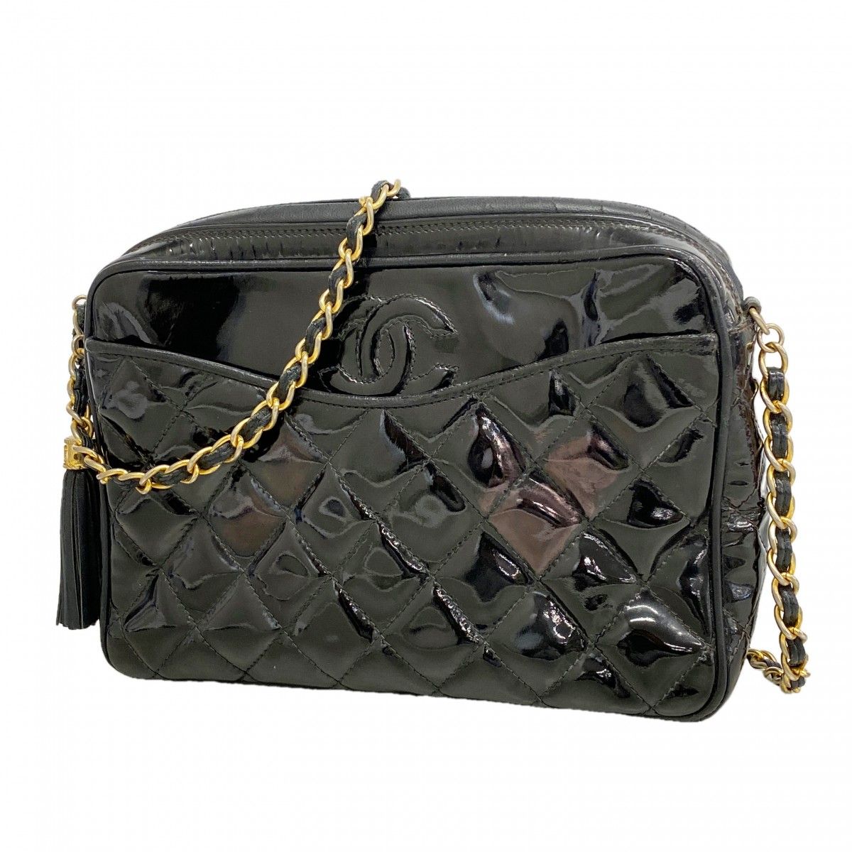 Chanel Shoulder Bag Quilted Patent Leather Black Gold