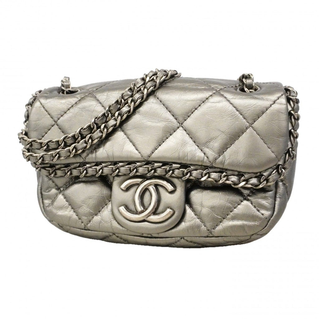 Chanel Shoulder Bag Quilted Leather Silver