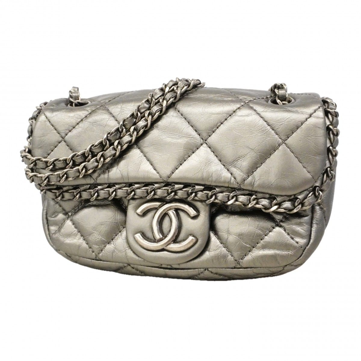 Chanel Shoulder Bag Quilted Leather Silver