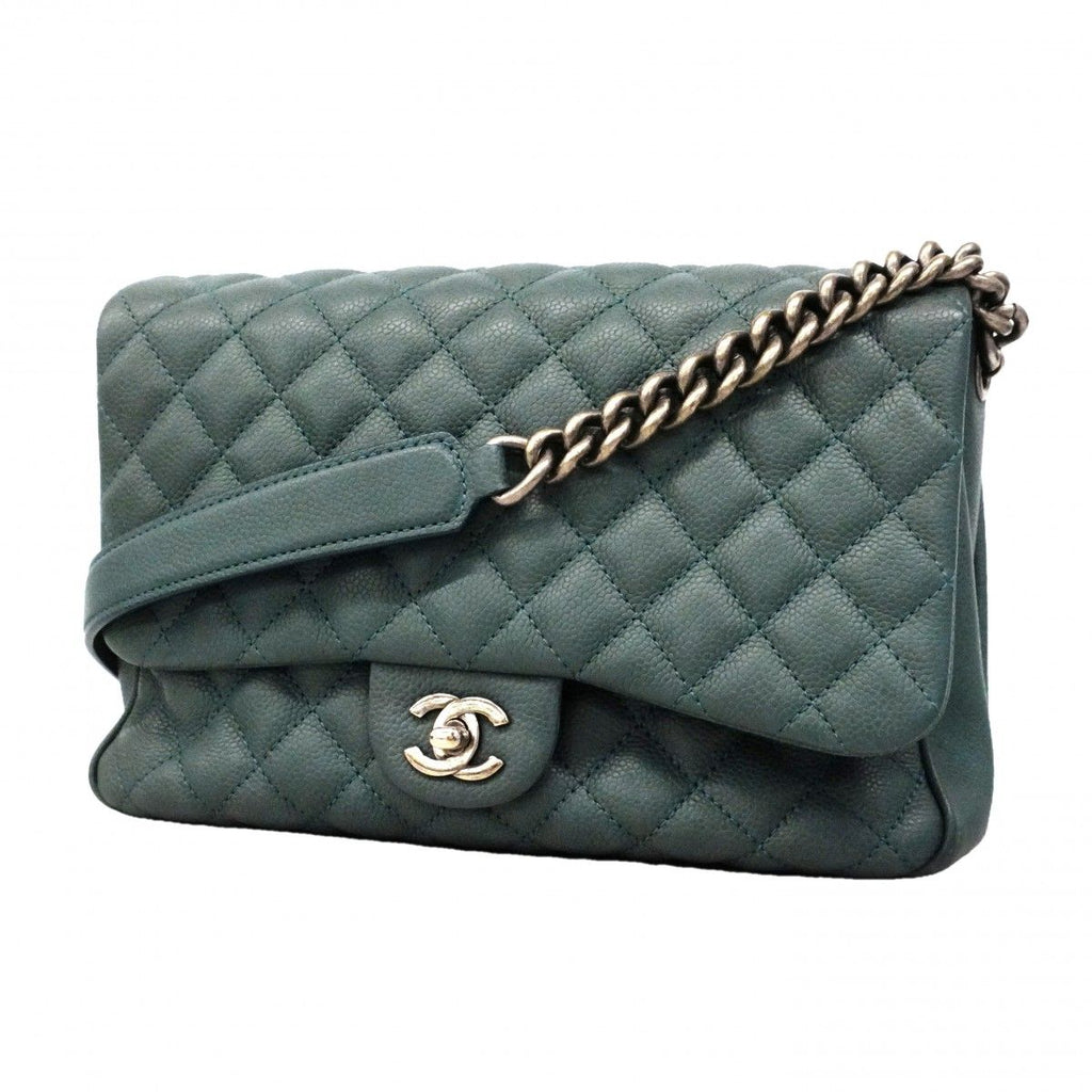Chanel Shoulder Bag Quilted Caviar Leather Blue Silver