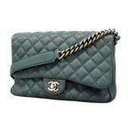 Chanel Shoulder Bag Quilted Caviar Leather Blue Silver