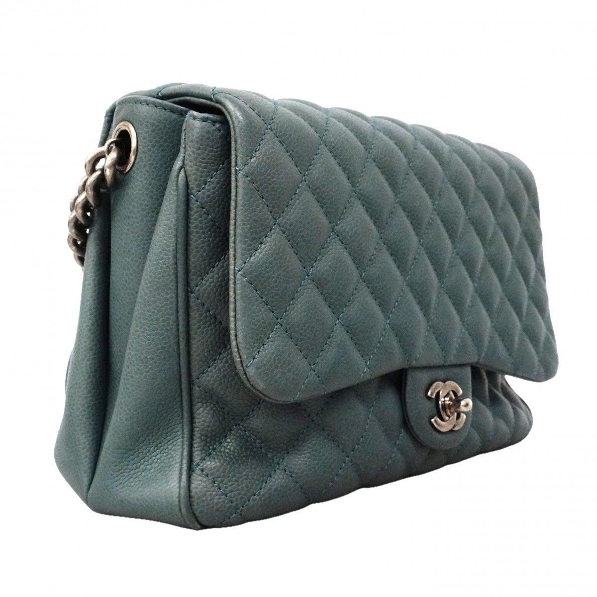 Chanel Shoulder Bag Quilted Caviar Leather Blue Silver — view 2