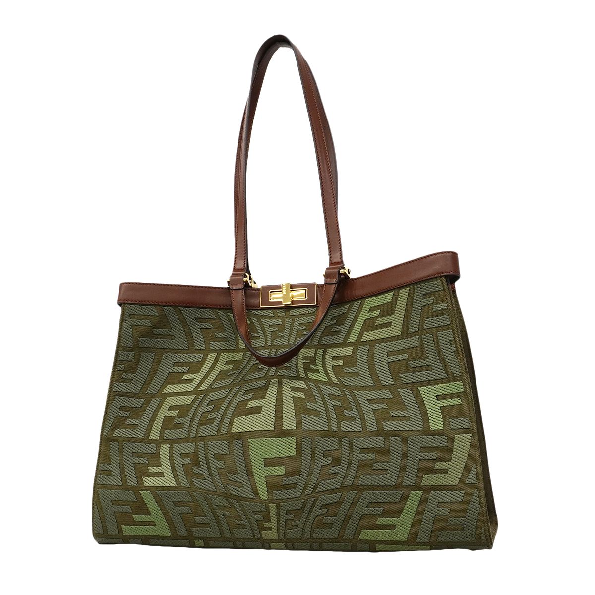 Fendi Tote Zucca Canvas Green Brown Gold 2-Way