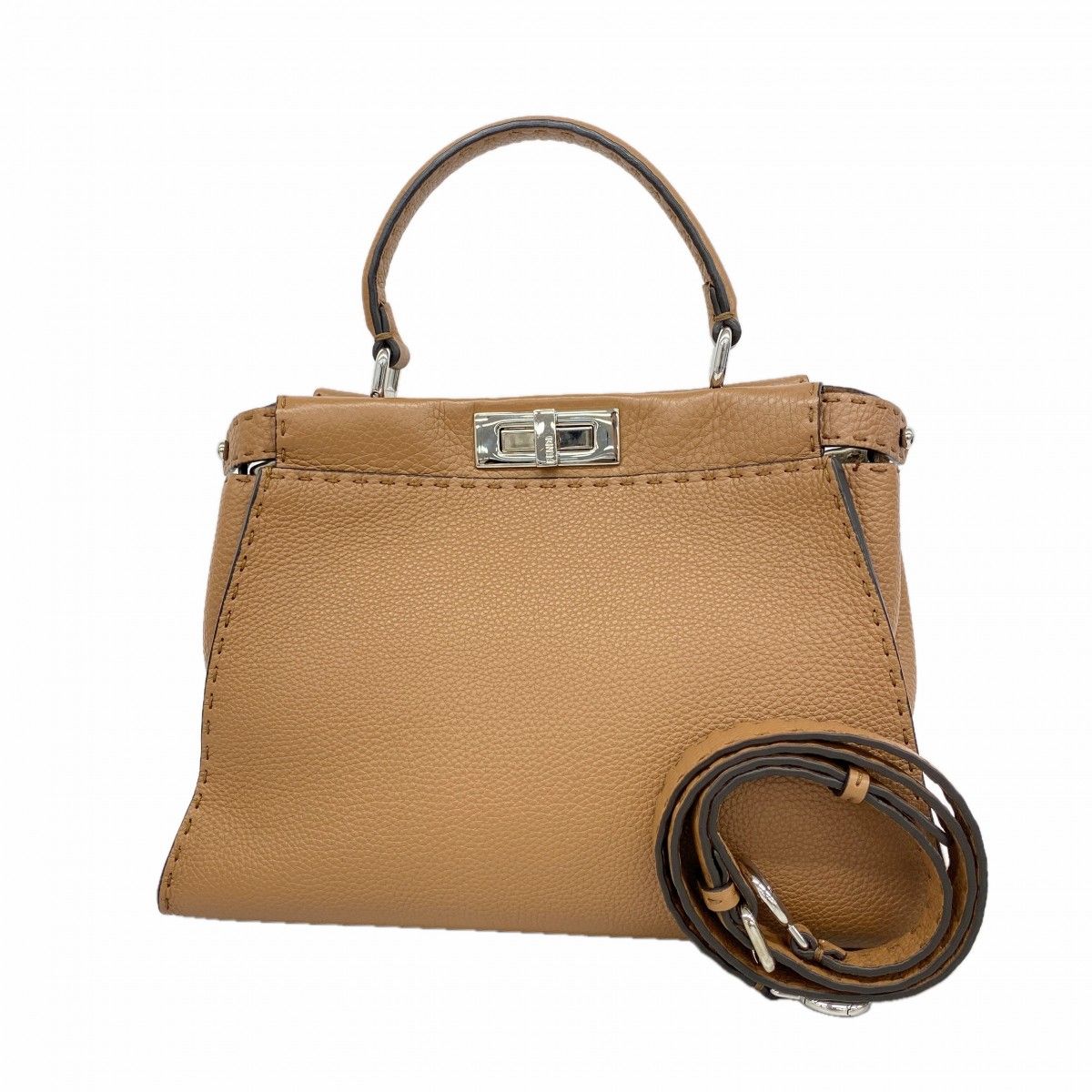 Fendi Handbag Selleria Peekaboo Leather Brown Silver 2-Way