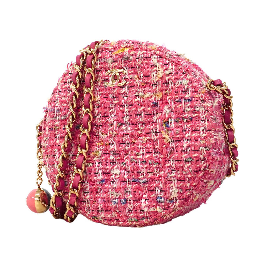 Chanel Shoulder Bag Quilted Tweed Pink Champagne Gold
