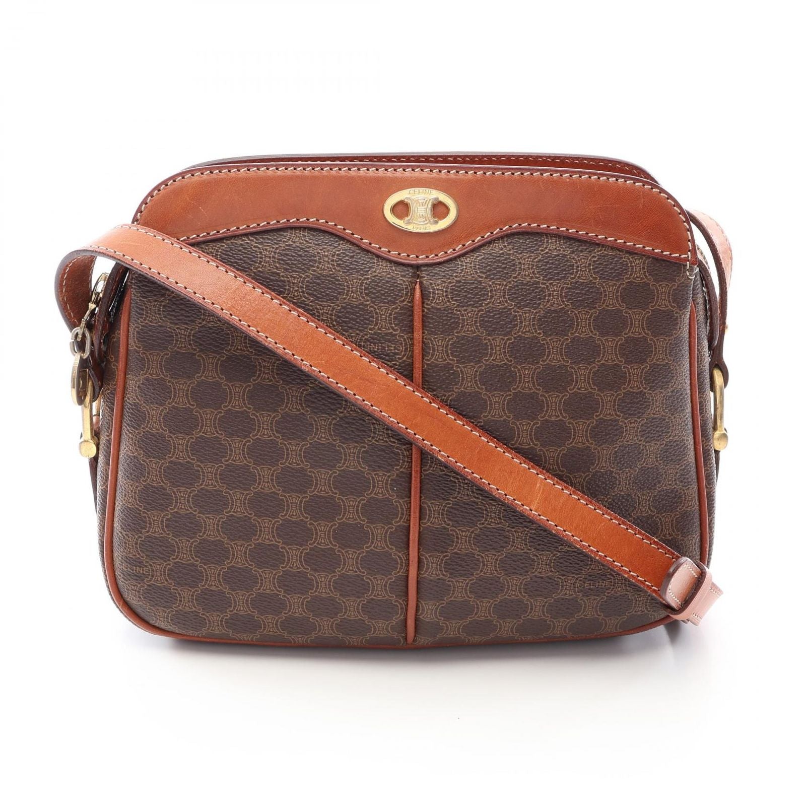 Celine Shoulder Bag Macadam Brown Canvas Leather