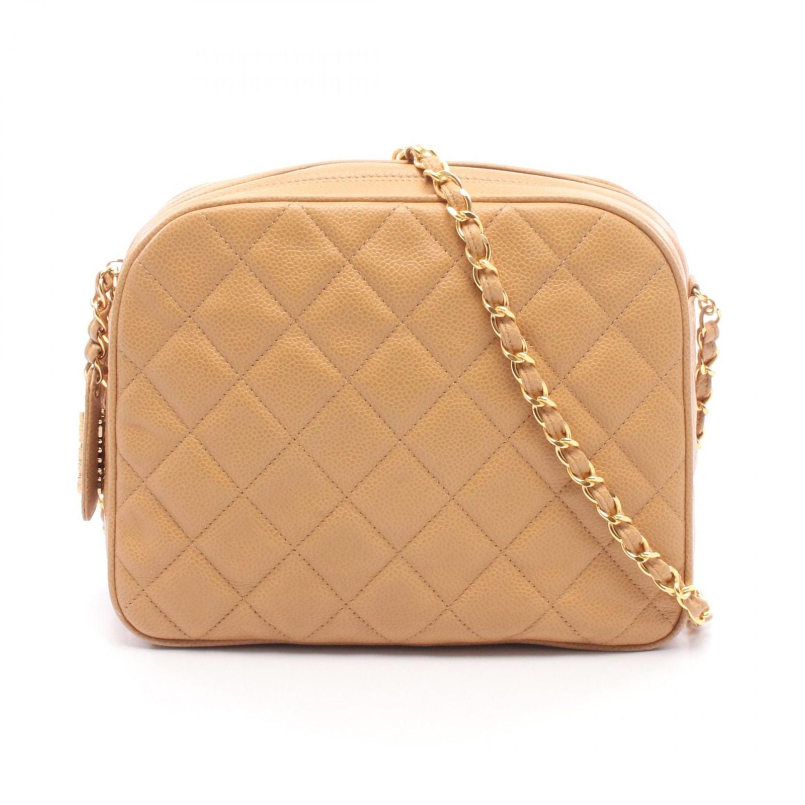 Chanel Shoulder Bag Quilted Beige Caviar Leather Chain