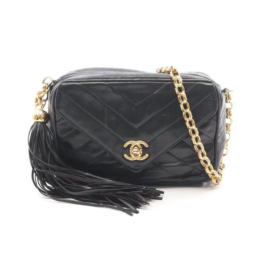 Chanel Shoulder Bag Stitch Blanc Tassel Black Lambskin Fringe Mini Chain
