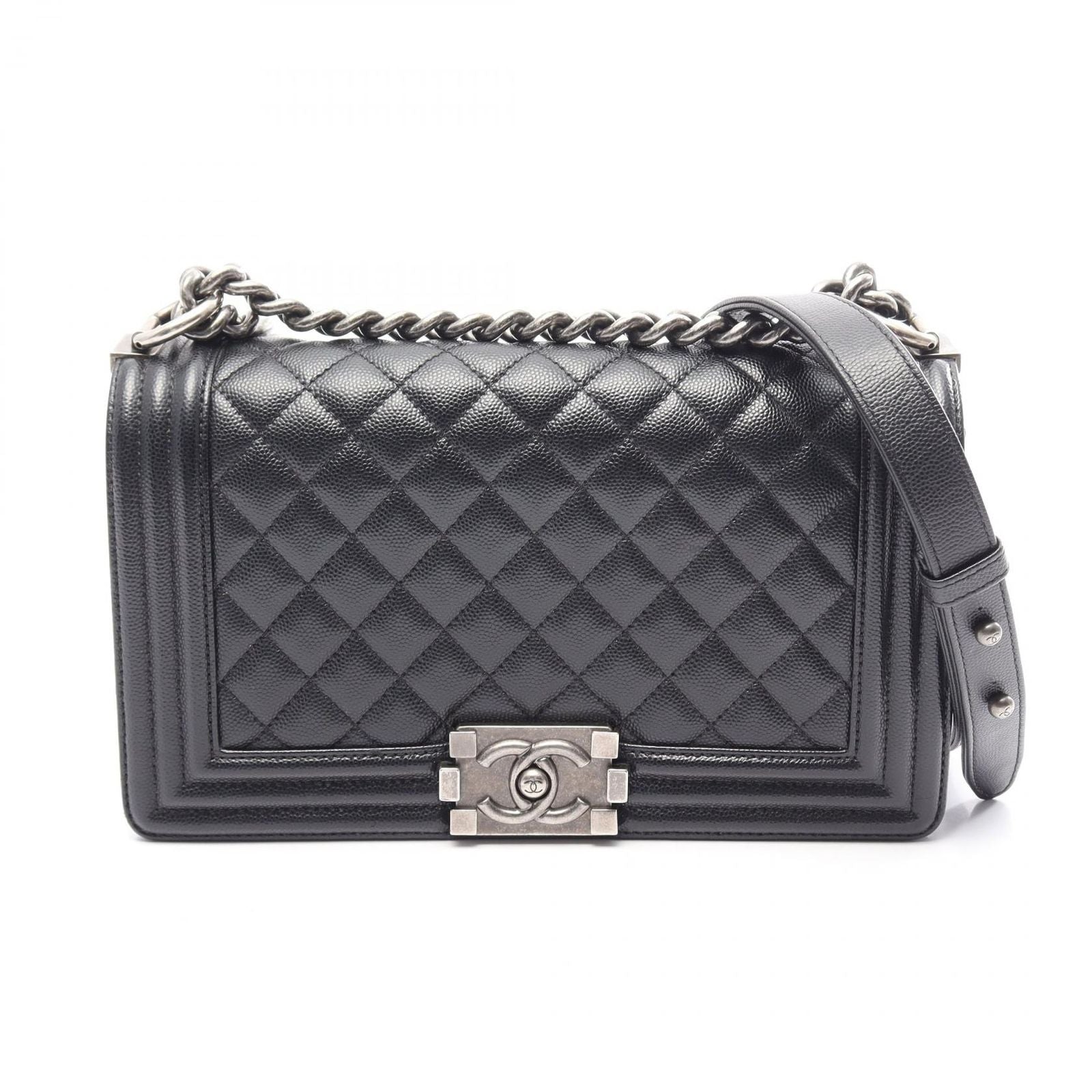 Chanel Shoulder Bag Boy Black Caviar Leather Boy Chain