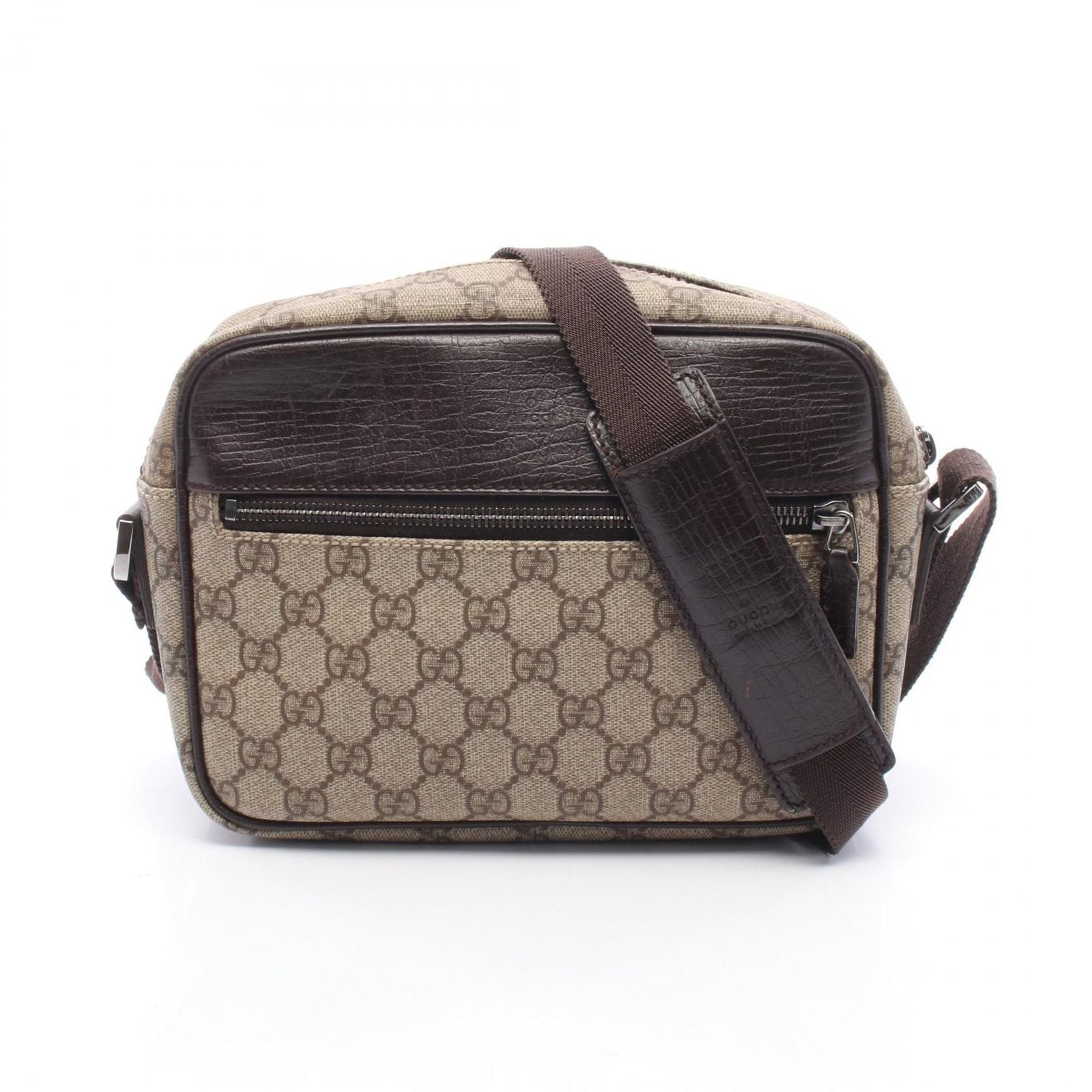 Gucci Shoulder Bag GG Plus Beige Dark Brown Canvas Leather Supreme