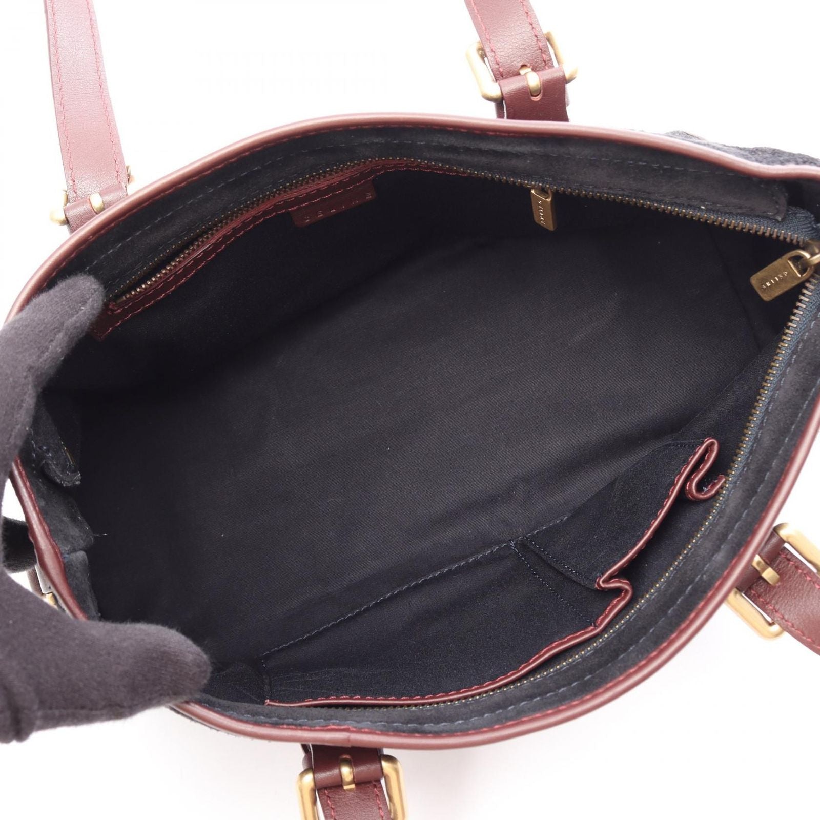 Celine Handbag C Macadam Black Wine Red Suede Leather C Tote — view 3