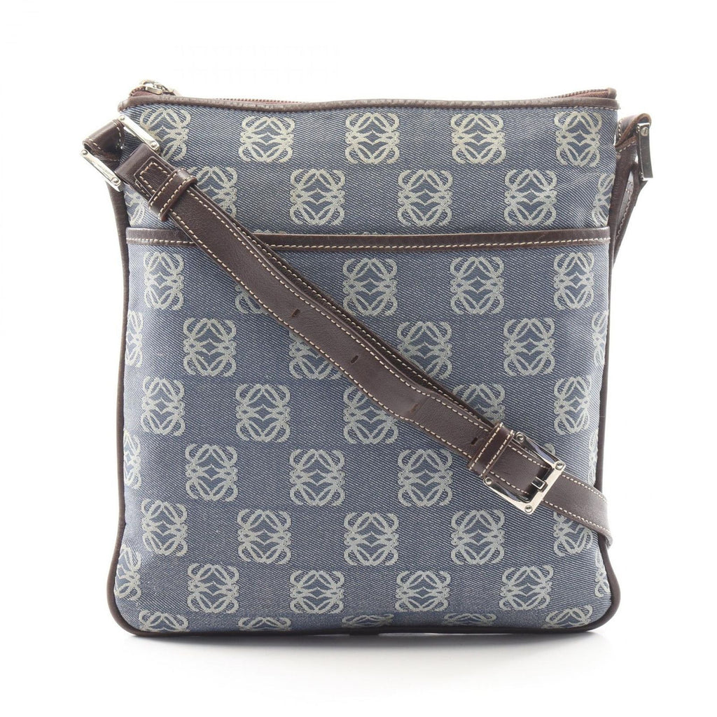 Loewe Shoulder Bag Anagram Bag Blue White Dark Brown Canvas Leather Pattern