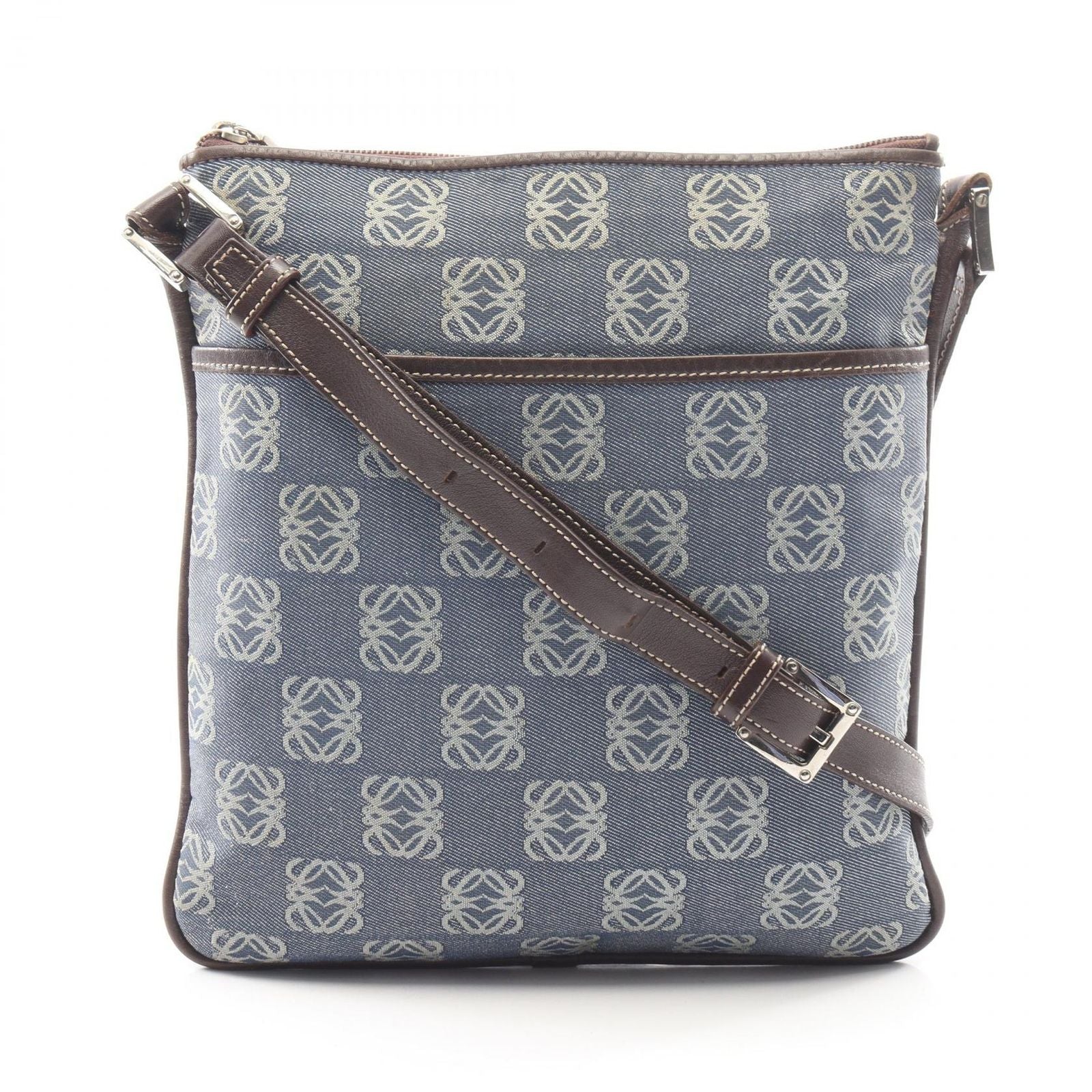 Loewe Shoulder Bag Anagram Bag Blue White Dark Brown Canvas Leather Pattern