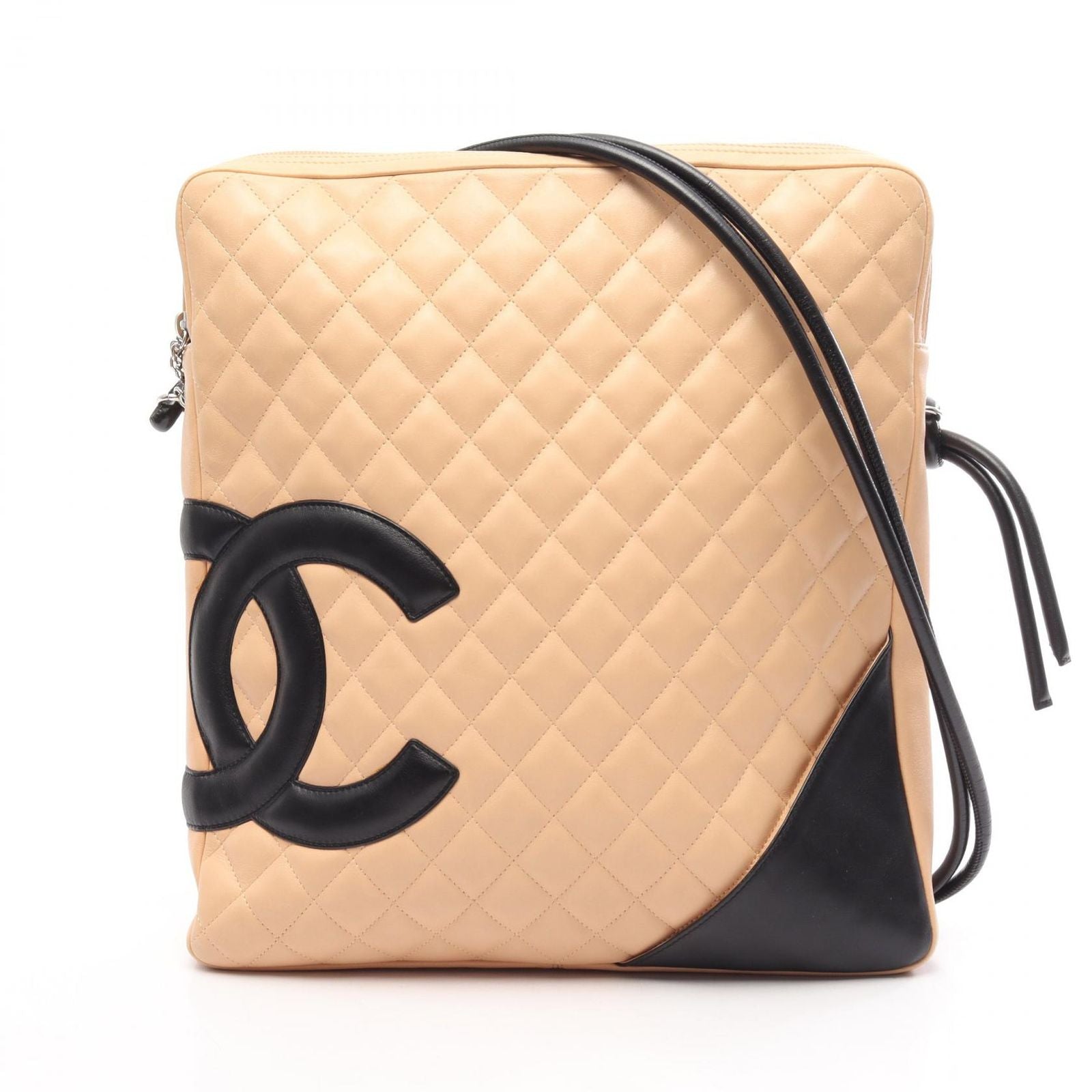 Chanel Shoulder Bag Cambon Line Large Pochette Beige Black Leather