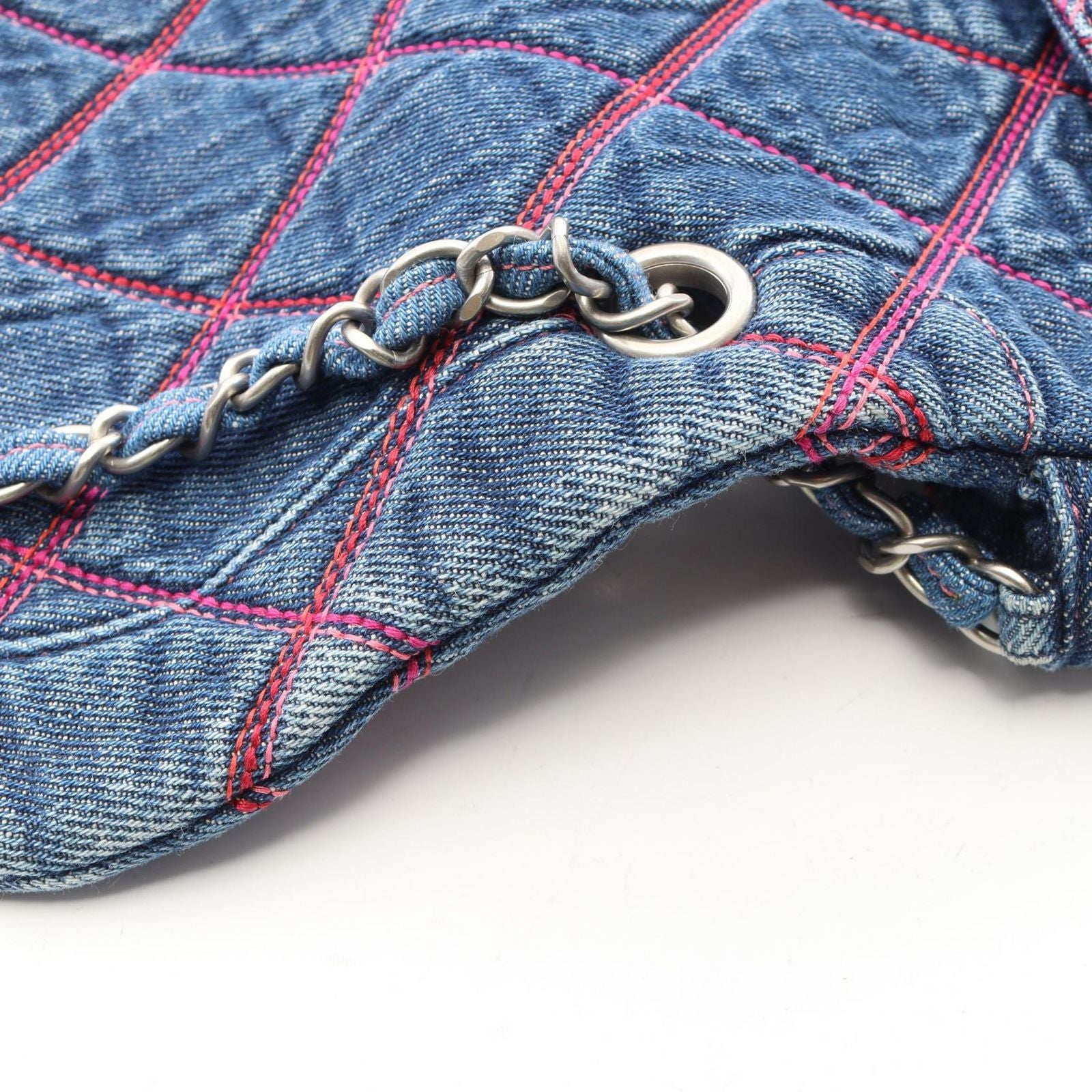 Chanel Shoulder Bag Quilted Round Flap Denim Blue Pink Chain — view 7