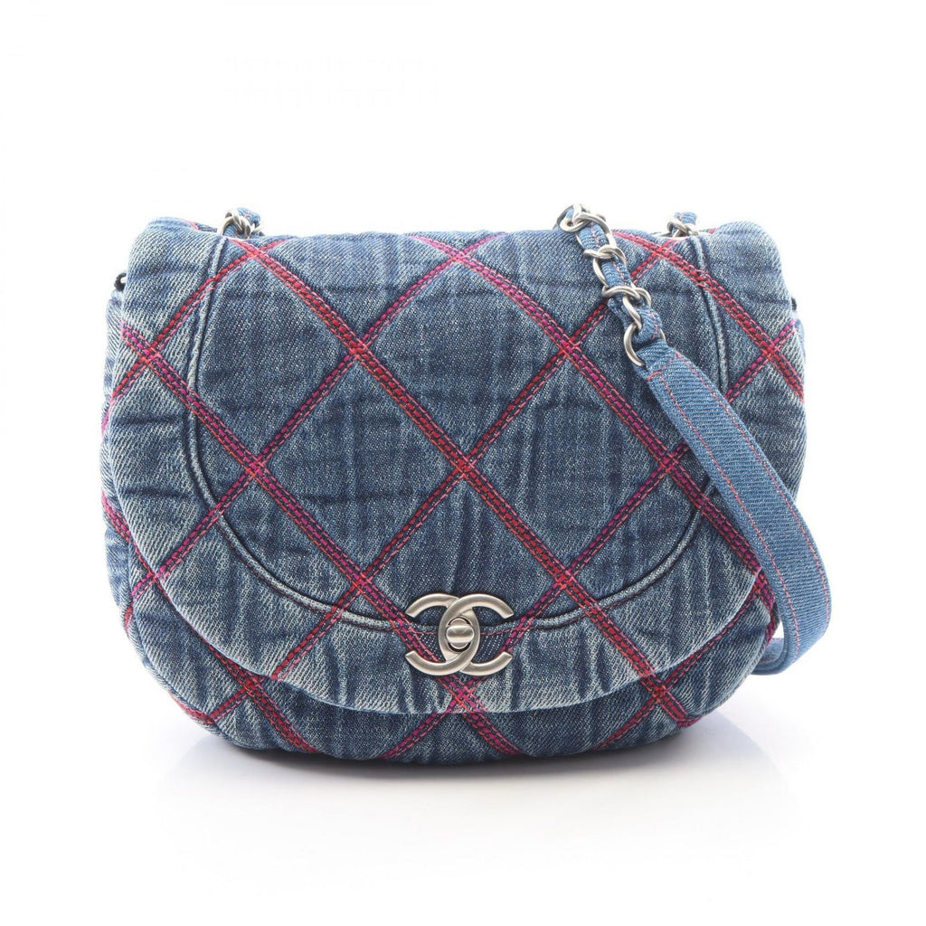 Chanel Shoulder Bag Quilted Round Flap Denim Blue Pink Chain