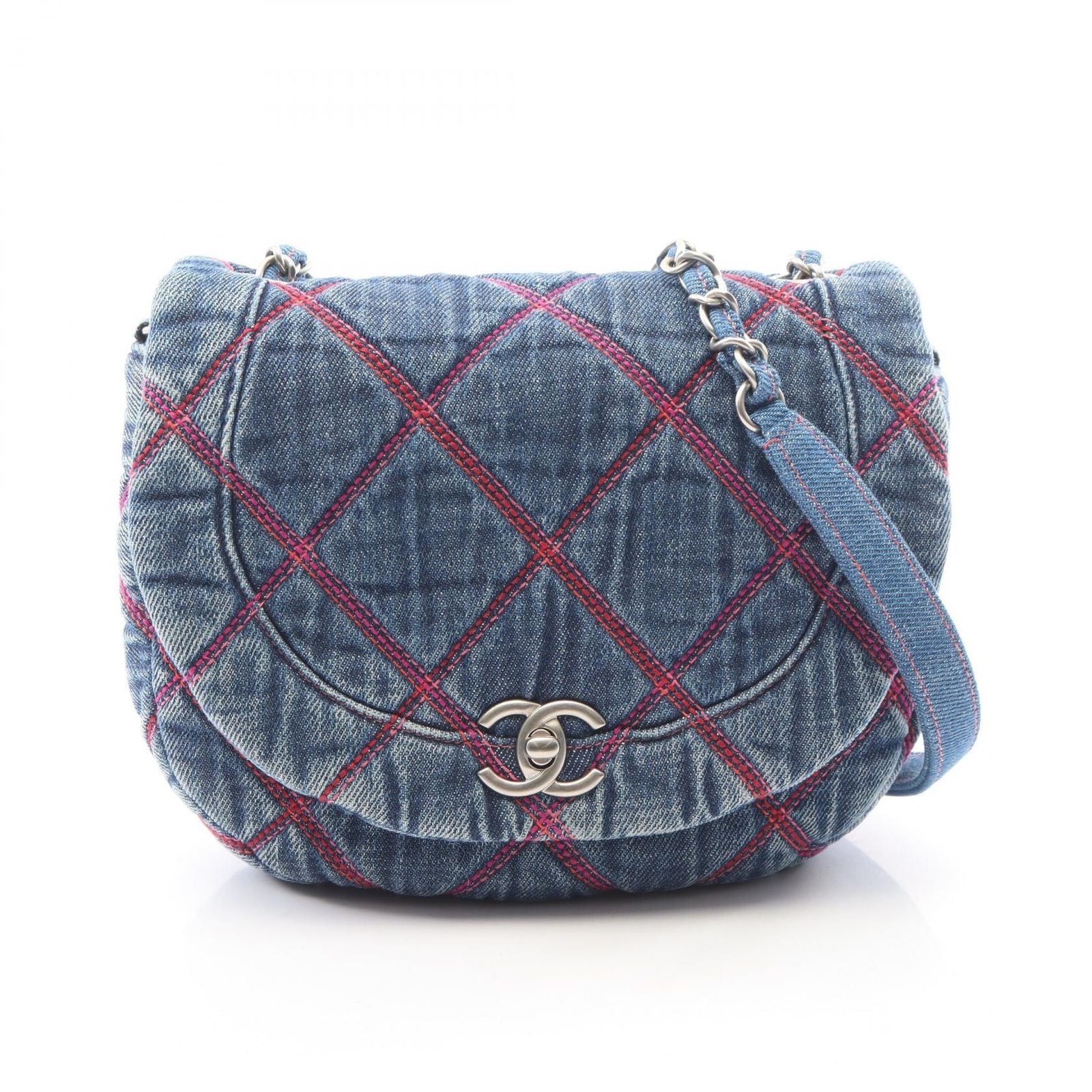Chanel Shoulder Bag Quilted Round Flap Denim Blue Pink Chain