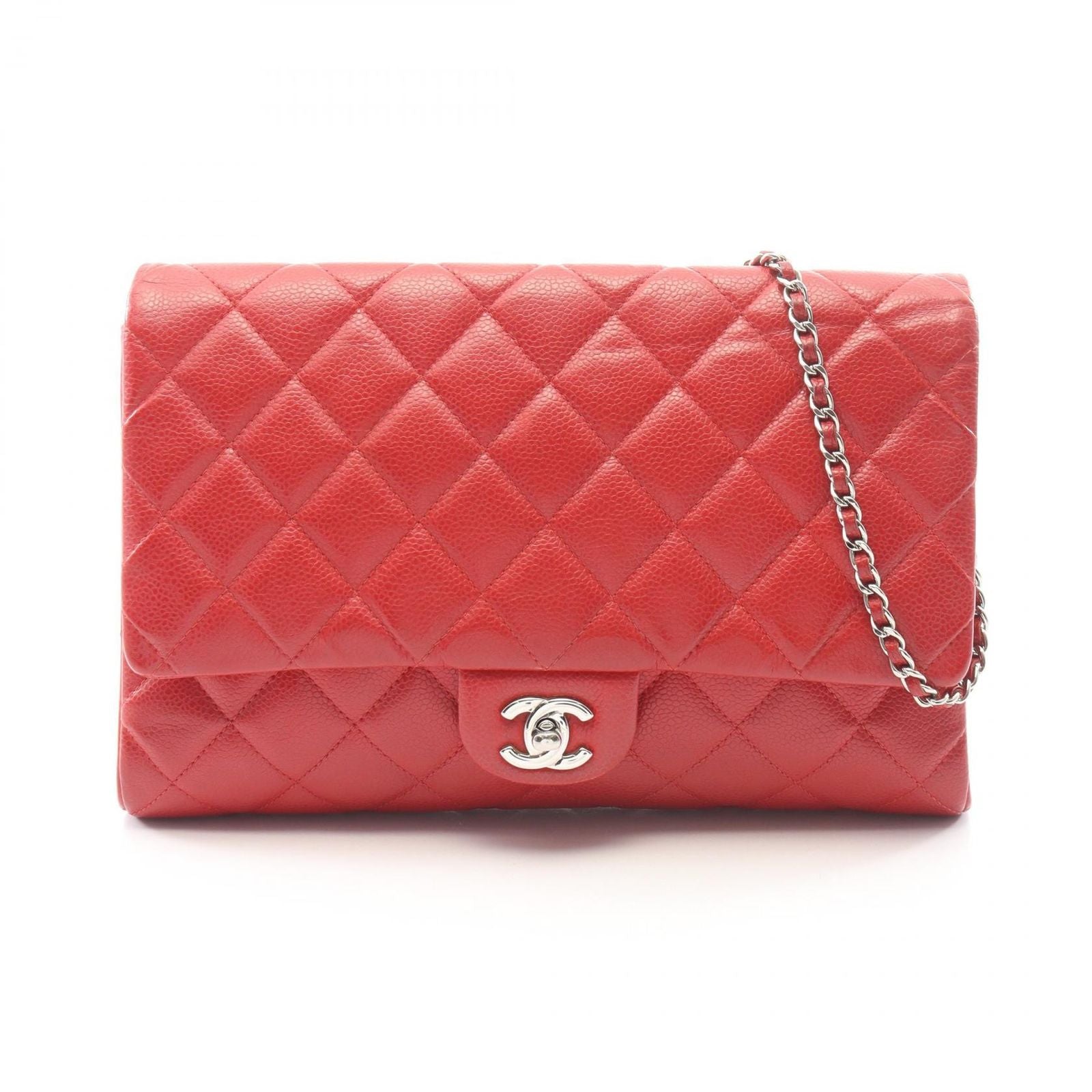 Chanel Shoulder Bag Quilted Red Caviar Leather Chain Clutch