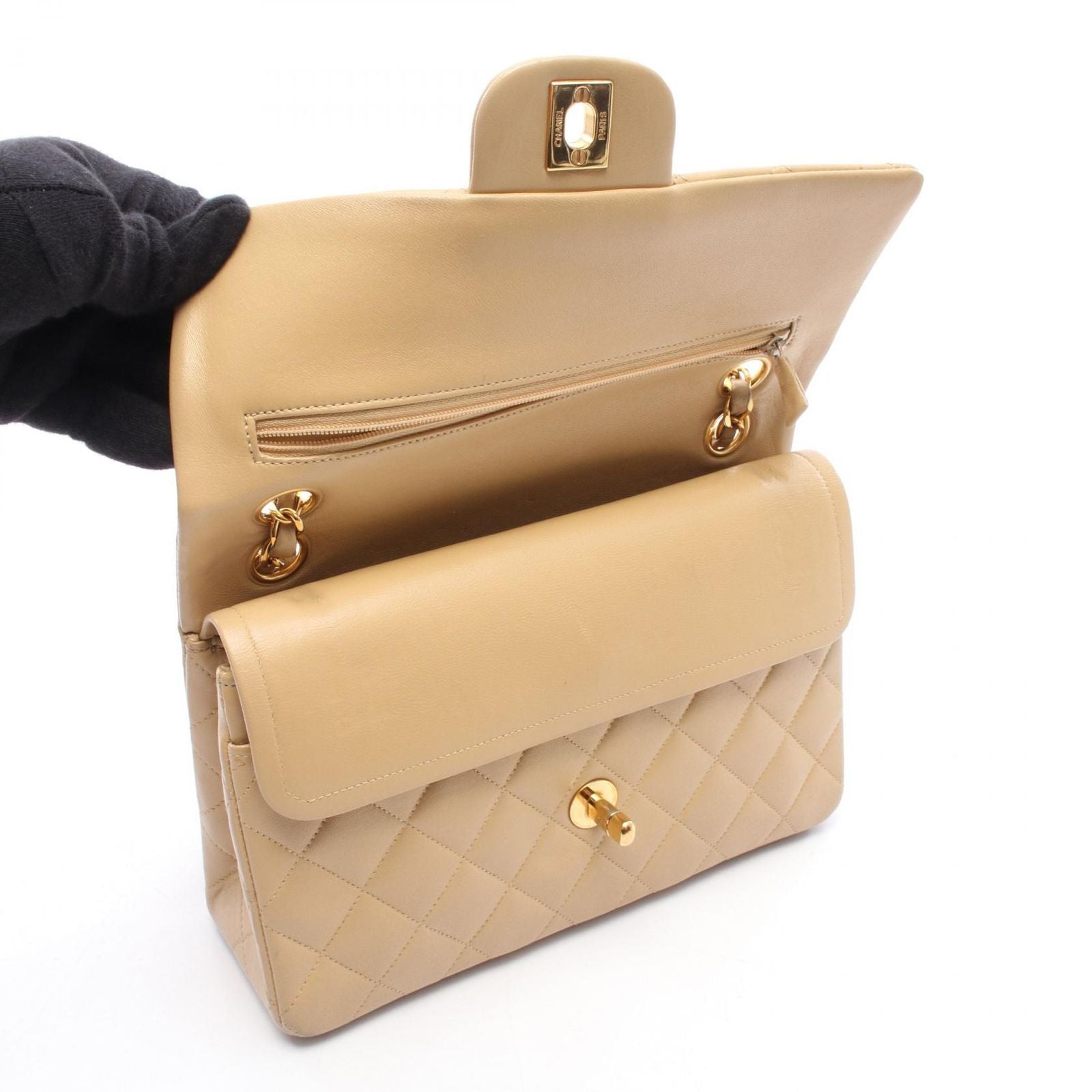 Chanel Shoulder Bag Quilted Double Flap Beige Lambskin Chain — view 7