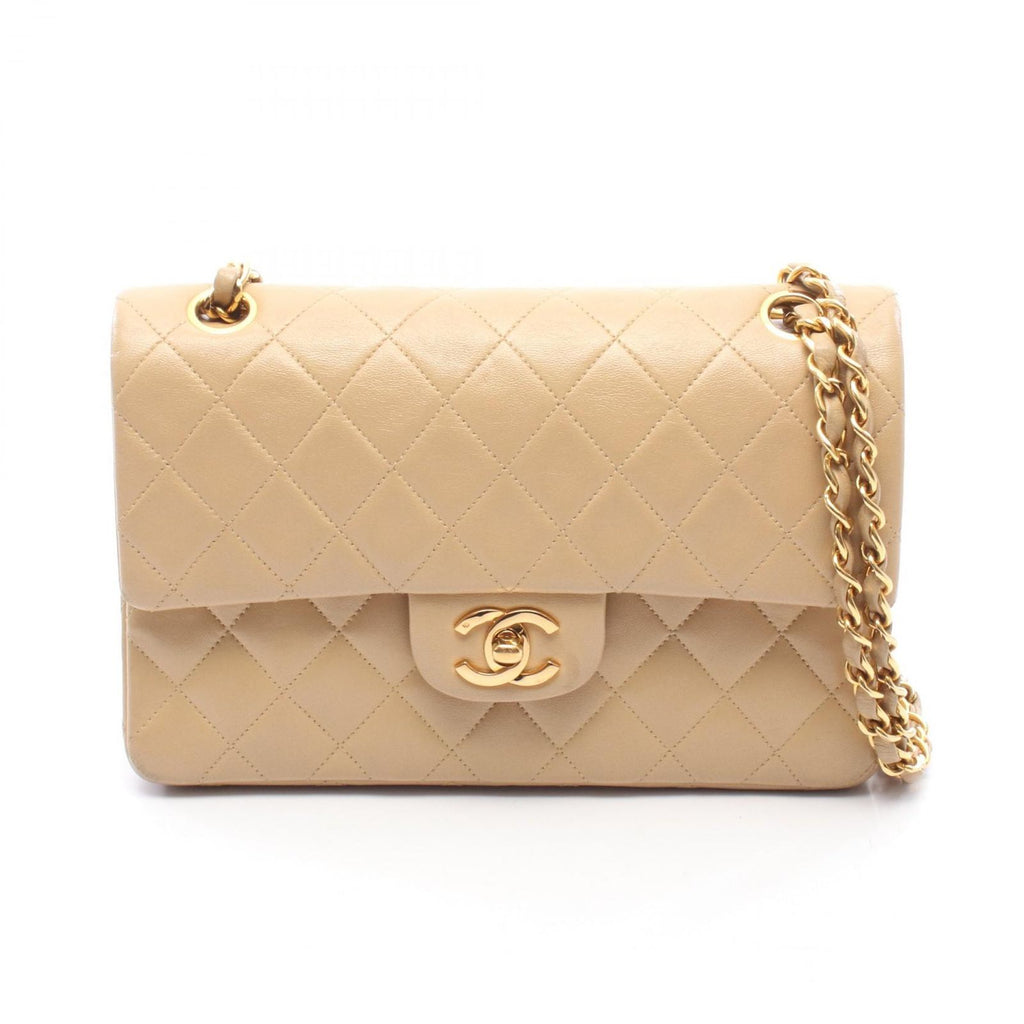 Chanel Shoulder Bag Quilted Double Flap Beige Lambskin Chain