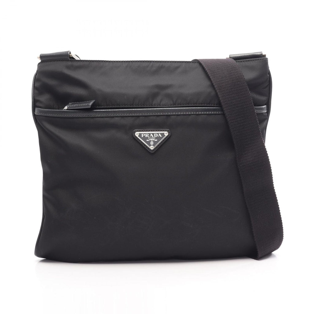 Prada Shoulder Bag Tessuto Saffi Black Nylon Saffiano Leather Triangle Logo