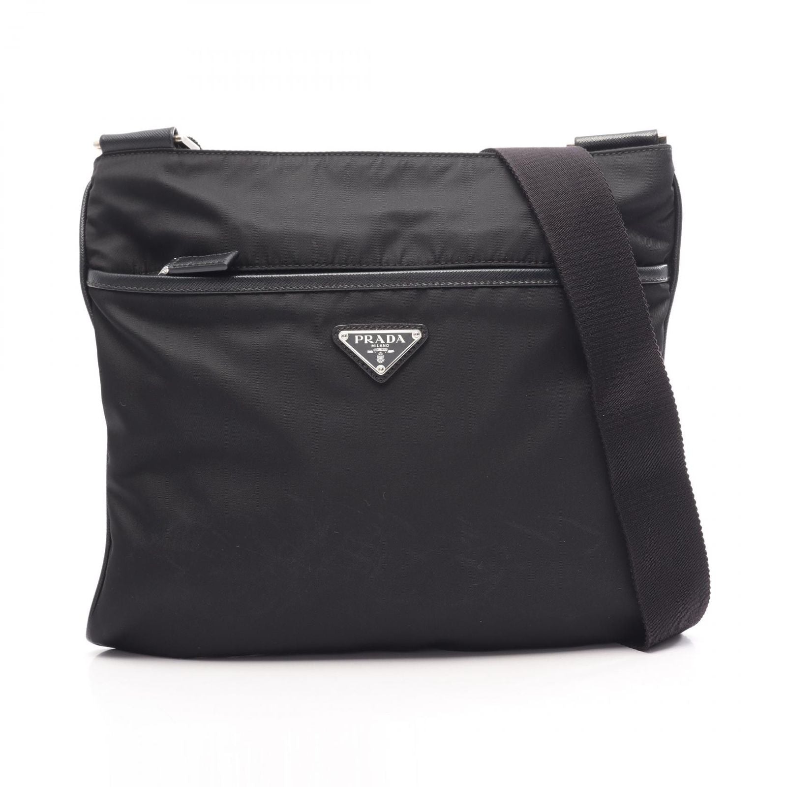 Prada Shoulder Bag Tessuto Saffi Black Nylon Saffiano Leather Triangle Logo