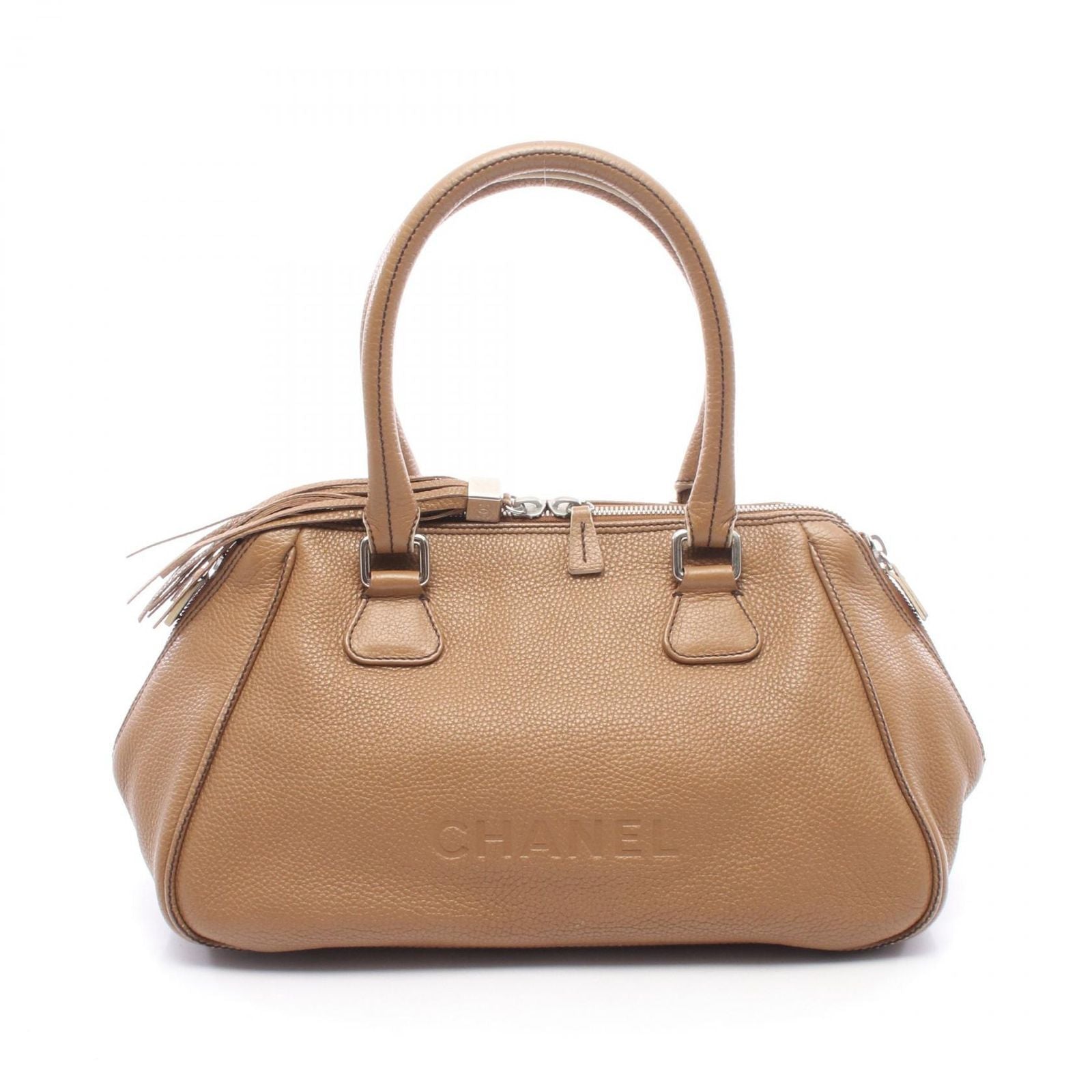 Chanel Tote Logo Fringe Beige Leather Handbag
