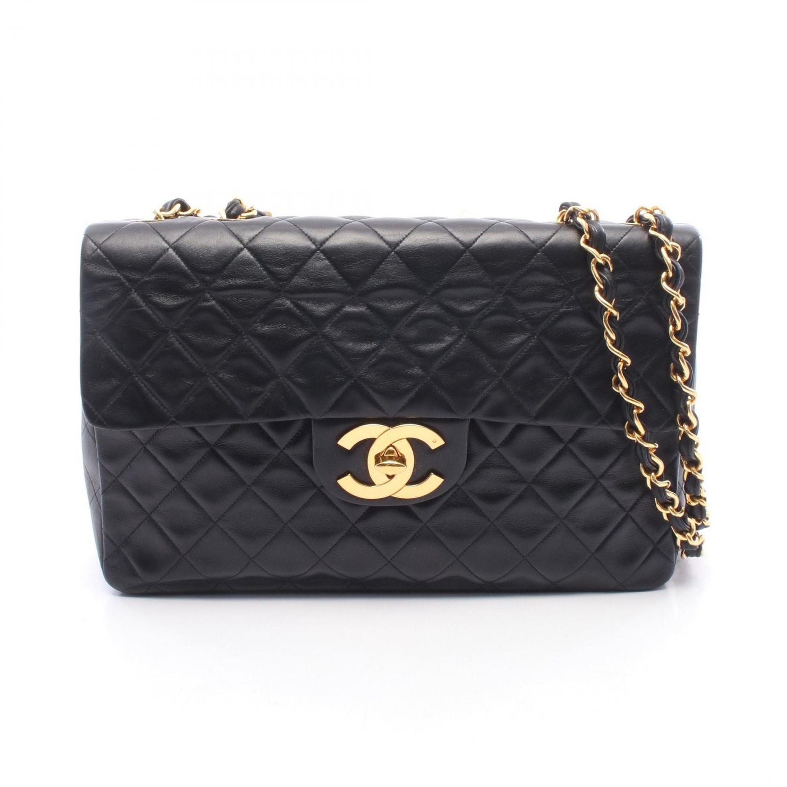 Chanel Shoulder Bag Maxi Quilted 34 Black Lambskin Chain