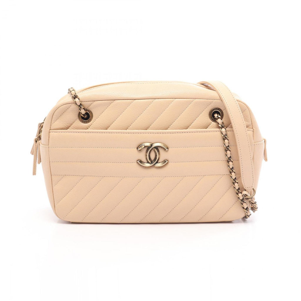 Chanel Shoulder Bag Bias Stitch Antique Gold Beige Leather Chain
