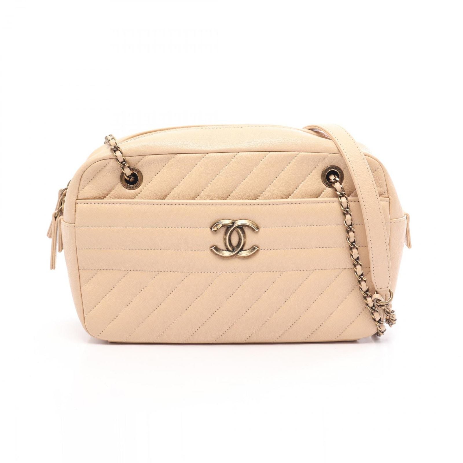 Chanel Shoulder Bag Bias Stitch Antique Gold Beige Leather Chain