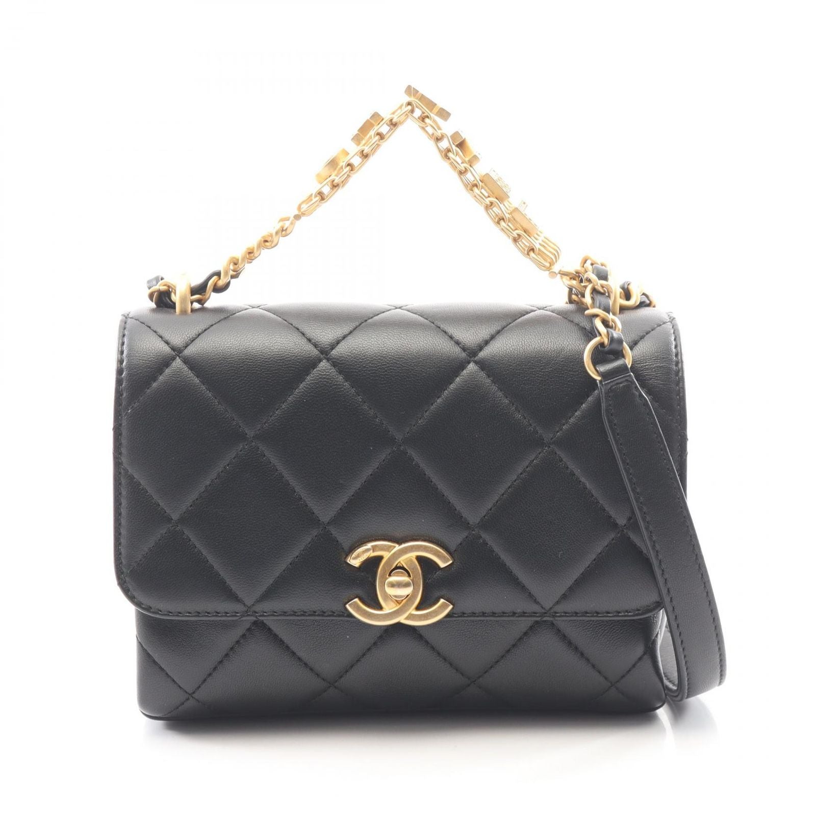 Chanel Shoulder Bag Quilted Mini Flap 2-Way Black Lambskin