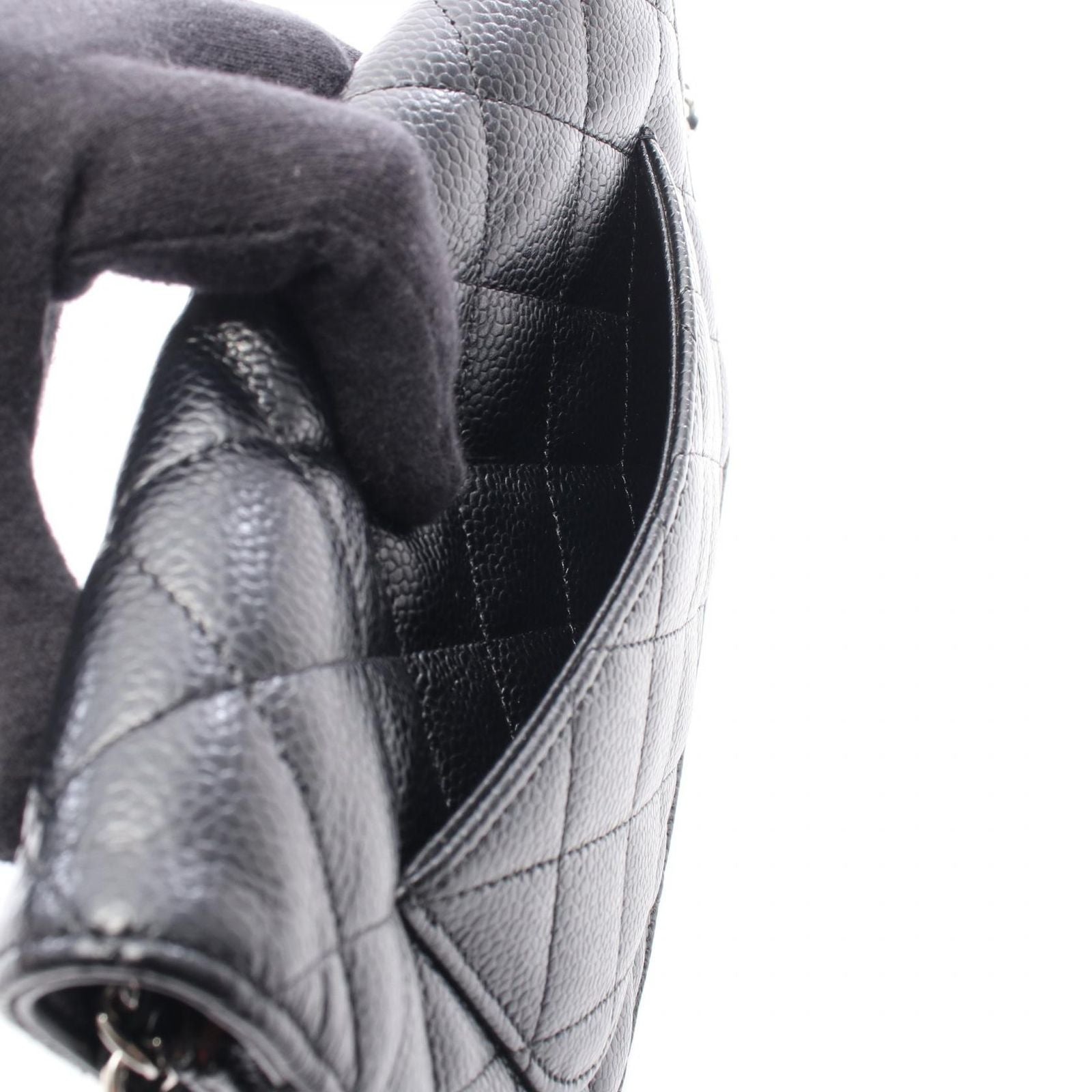 Chanel Shoulder Bag Quilted Black Caviar Leather Chain Wallet — view 8