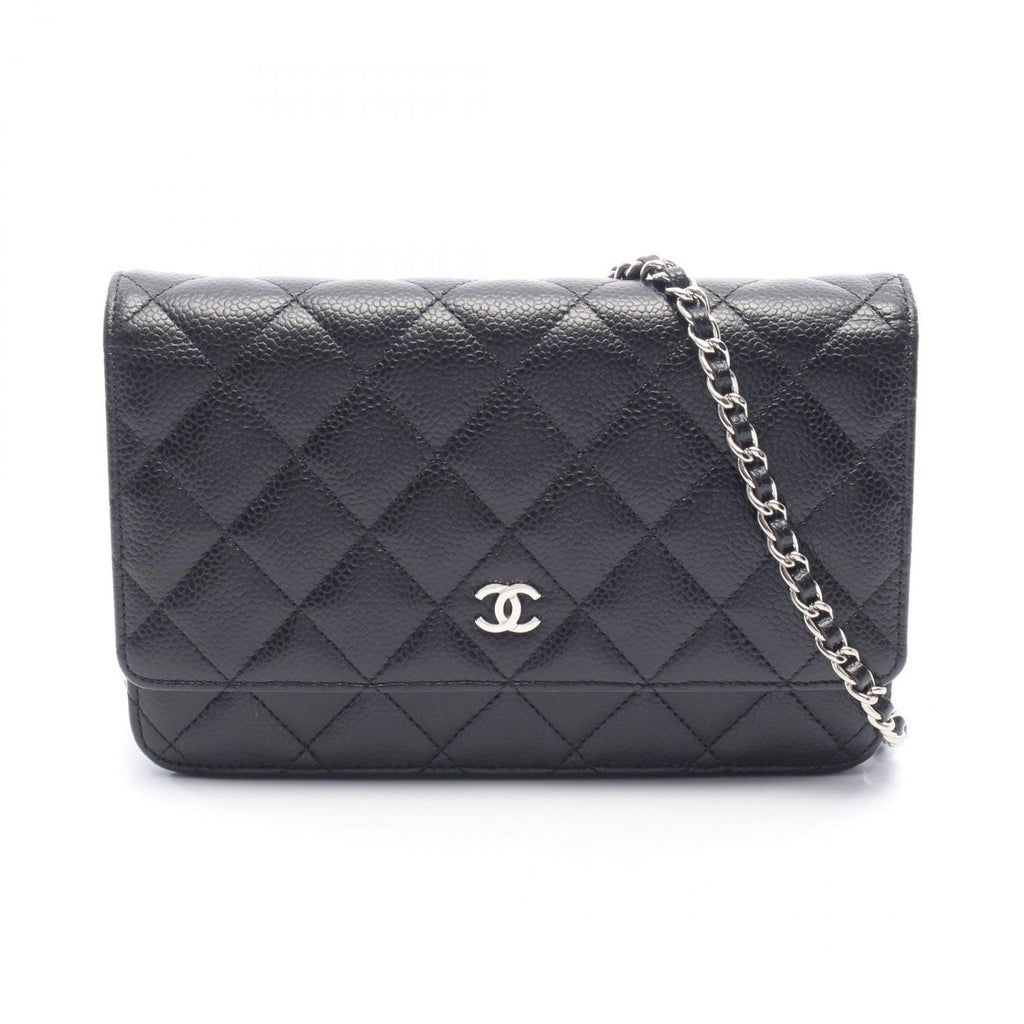 Chanel Shoulder Bag Quilted Black Caviar Leather Chain Wallet