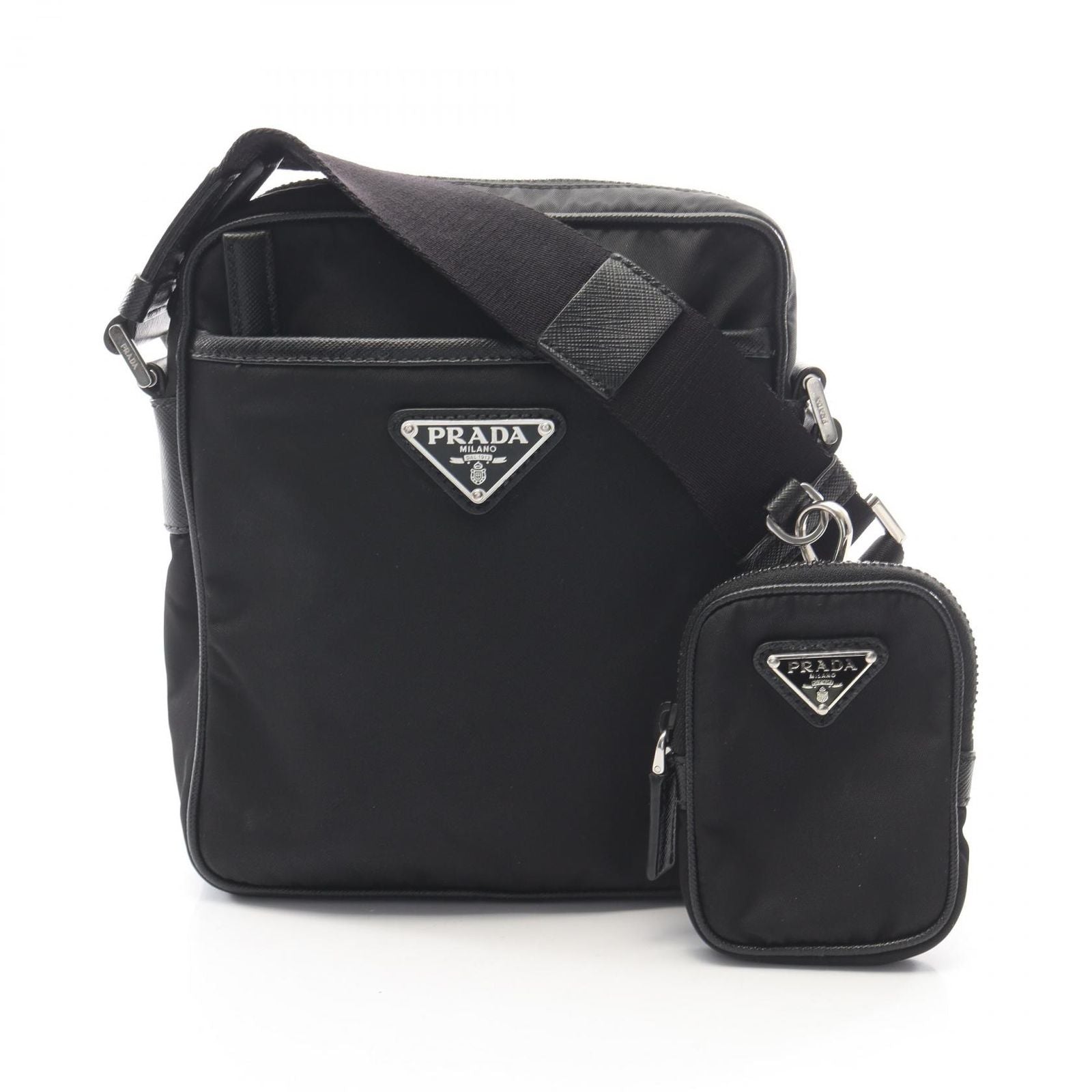 Prada Shoulder Bag Re-Nylon Black Nylon Saffiano Leather Triangle Logo