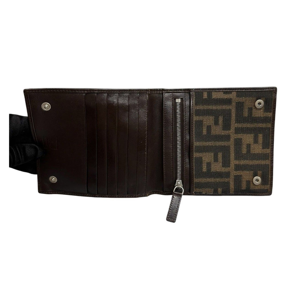 Fendi Zucca Brown Silver Canvas Leather Shoulder Bag Bifold